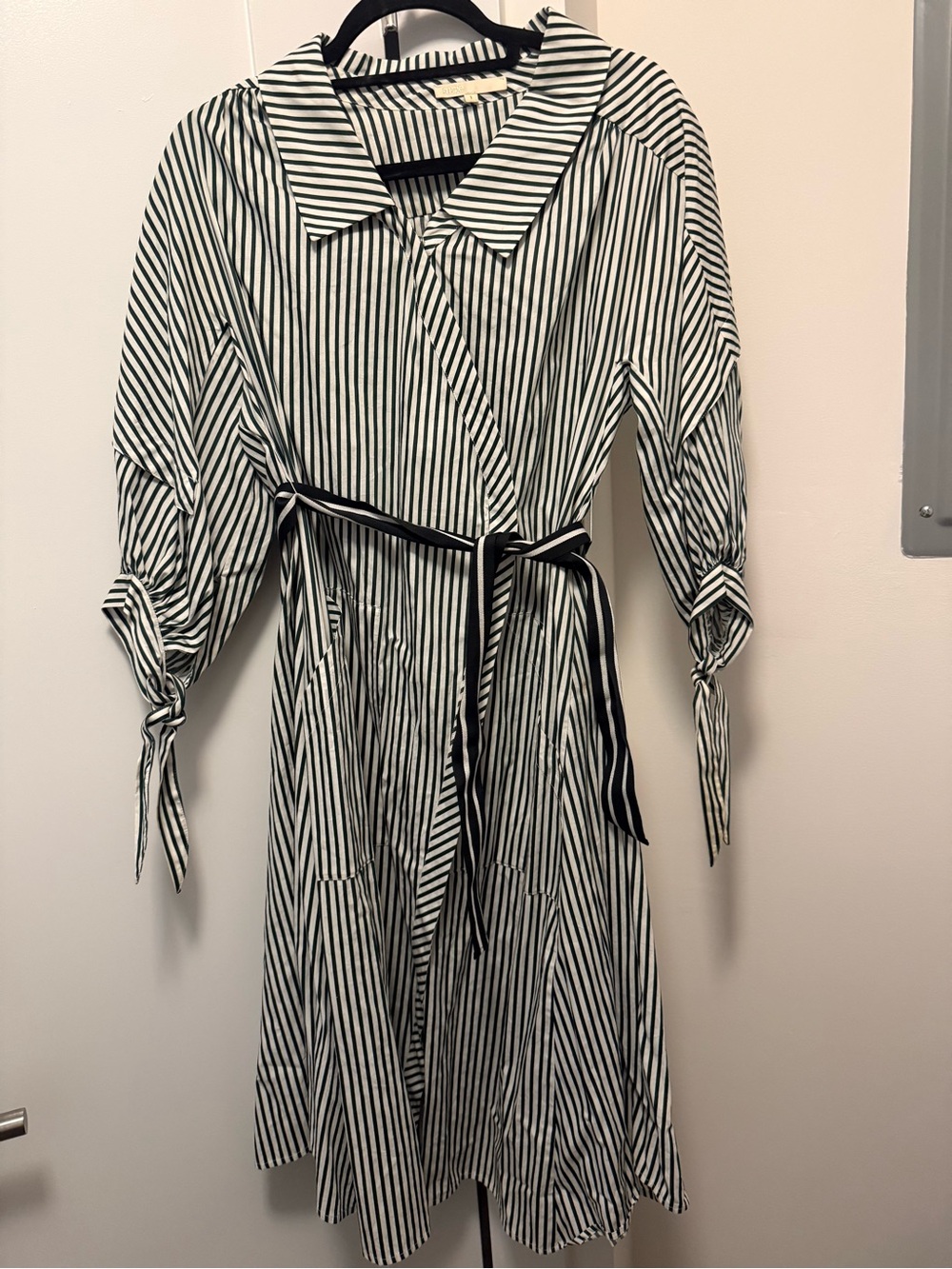 Maje Black and White Striped Tie-Waist Midi Dress